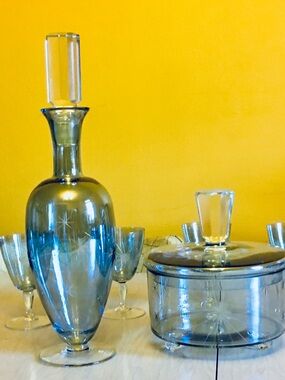 MCM Blue Atomic Starburst Glass Decanter + Ice Container&Lid+ 6 Aperitif Glasses